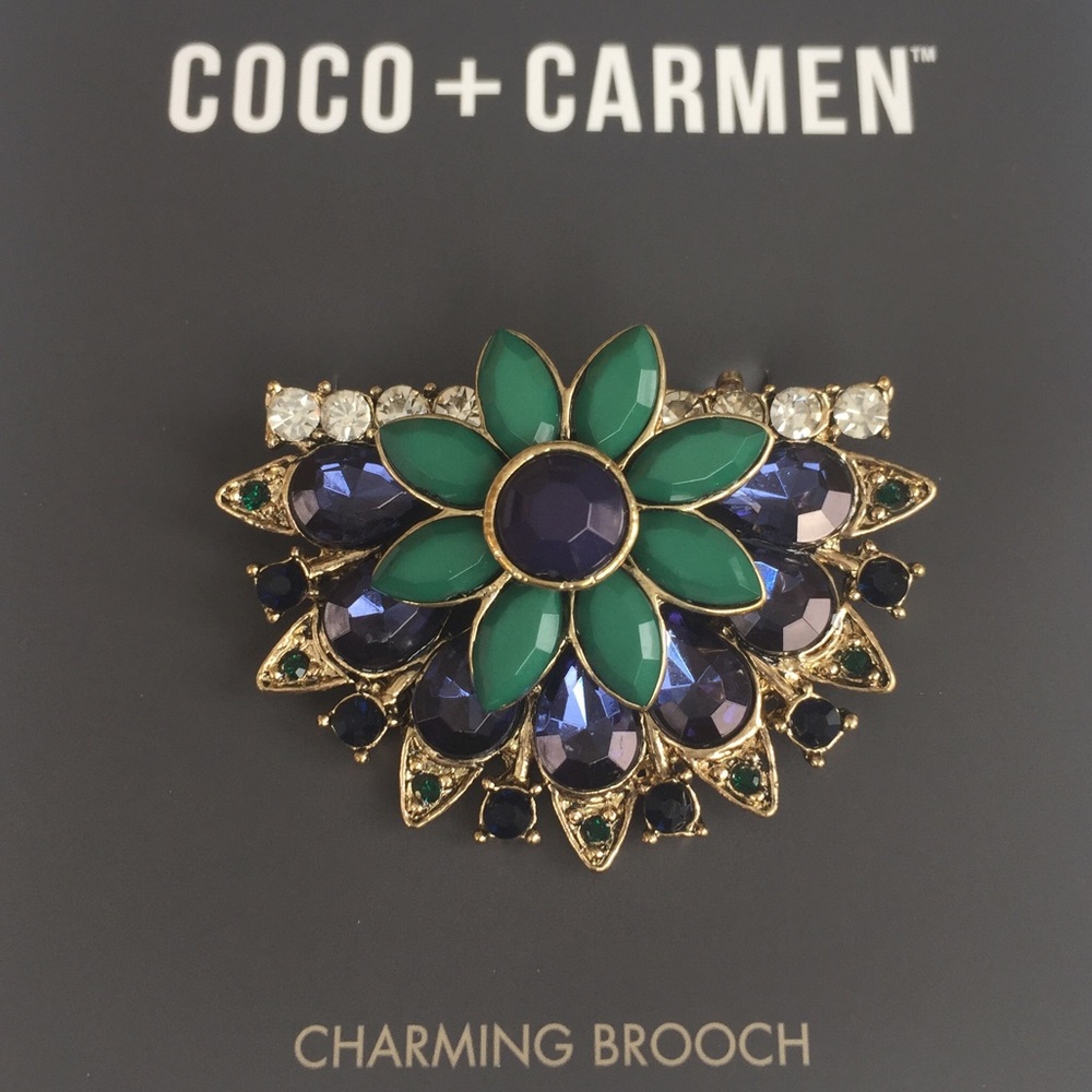NWT Blue/ GR  Rhinestone Flower Charming Brooch - Picture 2 of 4